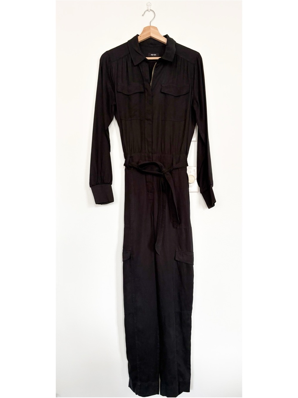 ME+EM || Belted Utility Jumpsuit Pockets Cargo Lyocell Linen Black UK 10 US 6